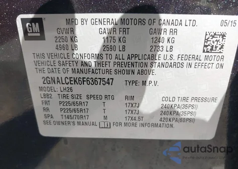 2015 Chevrolet Equinox 2Lt из США, поврежденный, VIN 2GNALCEK6F6367547